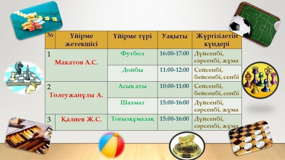 "Ақбұлақ негізгі жалпы білім беретін" КММ спорттық үйірме кестесі