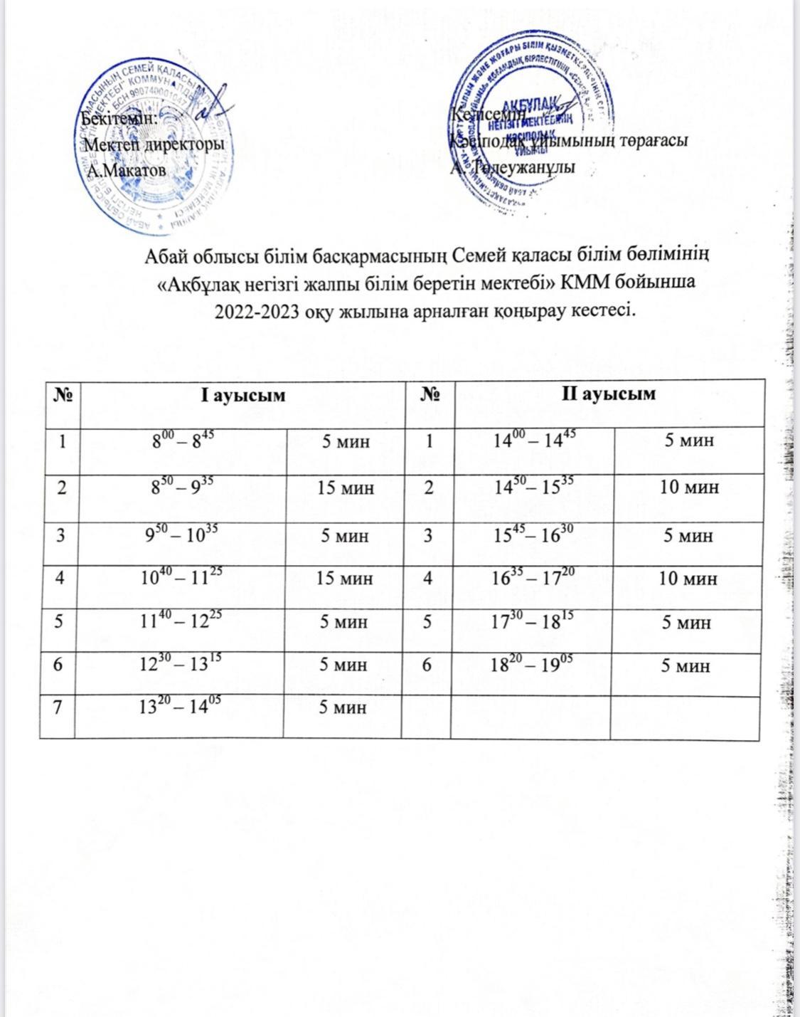 2022-2023 оқу жылының қоңырау кестесі